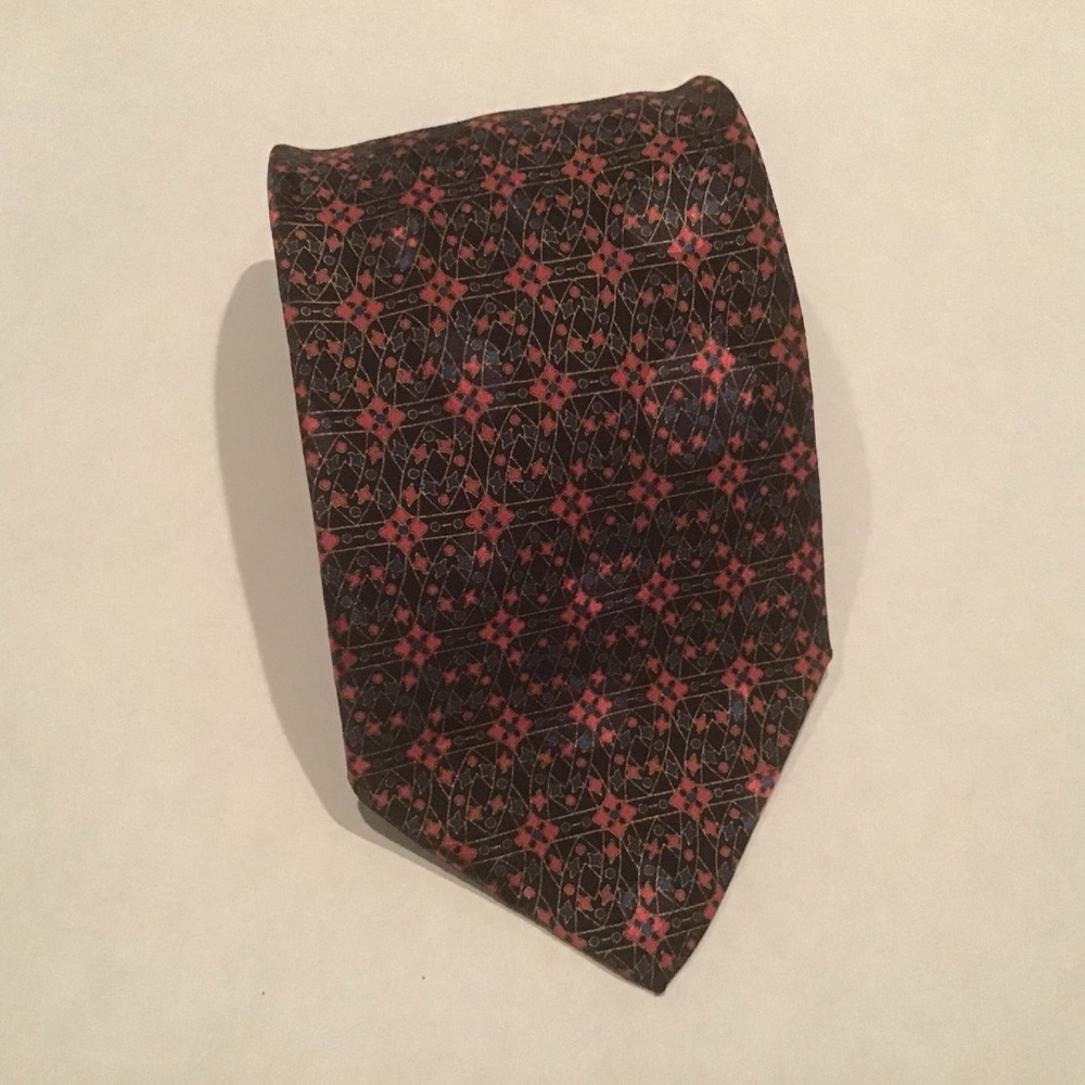 Brioni 100%‎ Silk Neck Tie Hand Made In Italy Red Blue Geometric Print 62" AS IS